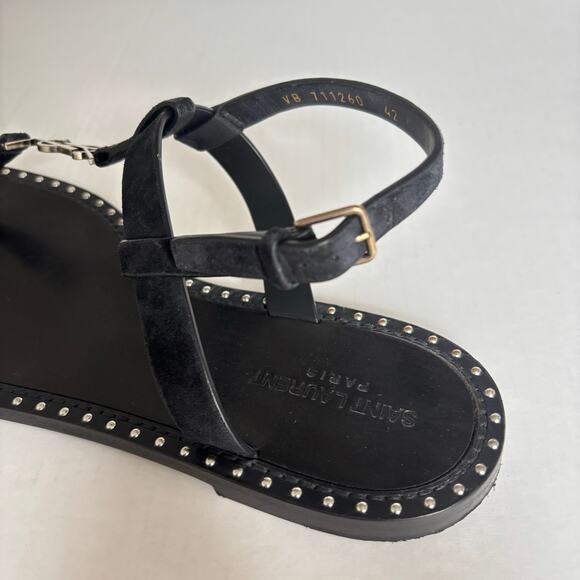 Saint Laurent Cassandra YSL Studded T-Strap Leather Flat Sandals Black Size 42 - Picture 12 of 14